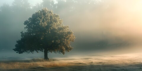  Mystical Autumn Tree Enveloped in Soft Ethereal Fog at Sunrise in Tranquil Pastoral Landscape