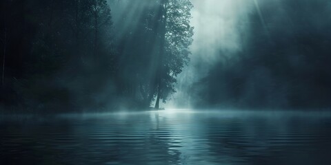 Canvas Print - Ethereal Glow of Light and Darkness in a Misty Forest Lake