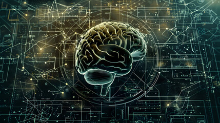 Poster - A digital brain with various mathematical and scientific symbols orbiting around it, portraying AI's vast knowledge base, with copy space