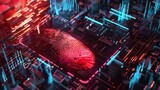 Fototapeta Przestrzenne - A red fingerprint scan over a futuristic circuit board.