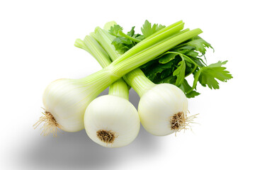 Wall Mural - Organic White Onions Celery on White Background