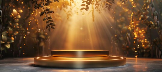 Wall Mural - Gold podium on dark background with Gold Particles. Empty pedestal for award ceremony. Platform illuminated by spotlights