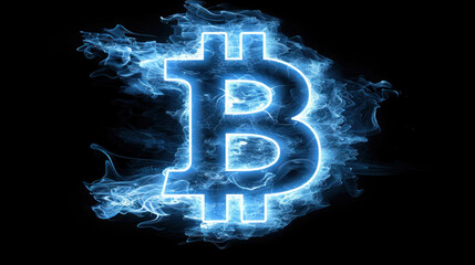 Wall Mural - Bitcoin symbol engulfed in blue fire and smoke