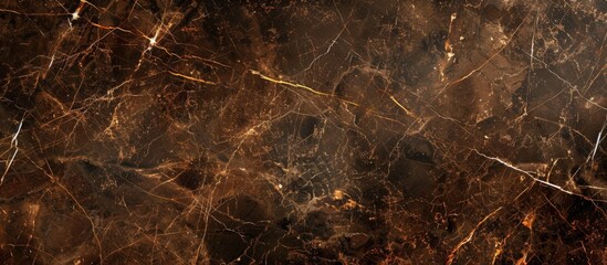 Poster - Close-up view of a stunning marble wall featuring a sophisticated black and gold design with intricate details, high-resolution brown stone marble background with golden veins