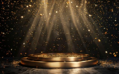 Wall Mural - Gold podium on dark background with Gold Particles. Empty pedestal for award ceremony. Platform illuminated by spotlights