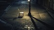 A lone chair sitting under a dimly lit streetlamp, casting long shadows on an empty sidewalk