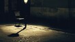 A lone chair sitting under a dimly lit streetlamp, casting long shadows on an empty sidewalk