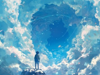 Wall Mural - A person is standing on a mountain top, looking out at the sky. The sky is filled with clouds and stars, creating a sense of wonder and awe. The image evokes a feeling of solitude and contemplation