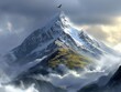 A mountain with a bird flying over it and a cloud in the background