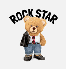 rock star slogan with cute bear doll in rock fashion style hand drawn vector illustration