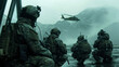 A gripping depiction of military soldiers boarding a chopper amidst foggy mountains, capturing the essence of readiness and operation