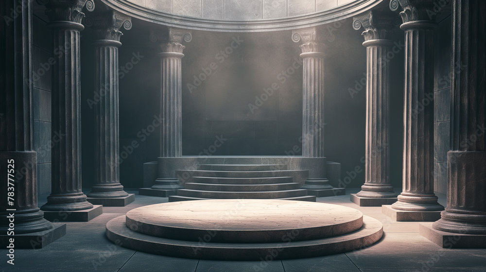 Podium Ancient Rome A large circular podium with an ancient Roman style, surrounded by ...