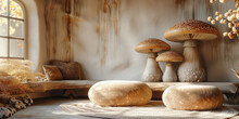 Multiple Mushrooms Fungi Of Varying Sizes And Shapes Arranged On Top Of A Table Banner Copy Space Mockup
