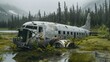 Wide angle view of abandoned airplane wreckage engulfed by nature in remote Alaskan wilderness
