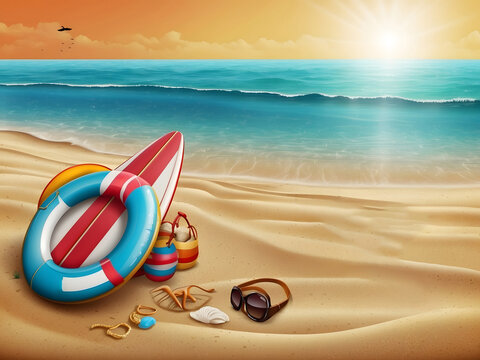 Summer-time vector banner design. It's summertime text with beach elements like a surfboard, lifebuoy and sunglasses in a sea and sand background for a fun, enjoy and relaxing