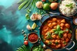 A delicious and aromatic chicken curry with basmati rice, surrounded by various spices and ingredients on a blue background.