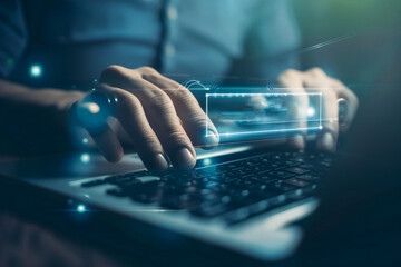 Wall Mural - Data Search Technology, man's hands are using a computer keyboard to Searching for information