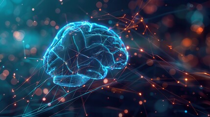 Poster - A brain is shown in a blue and orange background. The brain is surrounded by a web of lines and dots, giving the impression of a complex network. Concept of intelligence and complexity