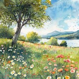 Fototapeta Pokój dzieciecy - Summer nature landscape, watercolor illustration