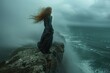 A lone woman stands on a cliff edge, her hair wild against the tumultuous stormy sea backdrop, evoking a sense of adventure