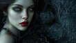 Gothic Fantasy Portrait of a Woman with Ornate Background and Red Lips