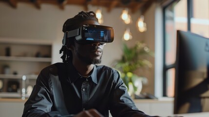 Poster - A man wearing a virtual reality headset is sitting at a desk in front of a computer monitor. Concept of immersion and technology, as the man is fully engaged in the virtual world