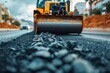 Close-up shot illustrating a steamroller smoothing freshly laid asphalt on an urban road construction site