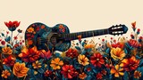 Fototapeta  - Guitar with flowers with copy space, Design elements featuring Mexican cultural icons.