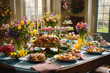 Easter decorated table. Meat cake, blooming flowers,wax candles and colorful holiday eggs on plates.