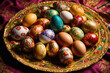 Easter colorful holiday eggs on decorated plate. Christian tradition.