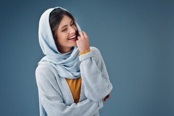 Poster - Happy, muslim woman and scarf in portrait for love of faith or religion isolated in studio. Islamic, female model and fashion with hijab, smile and casual style with mockup or promotional space