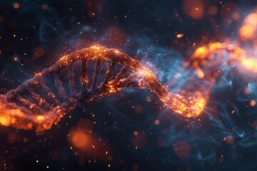 Poster - This image showcases a DNA double helix structure illuminated with a fiery glow against a dark, moody background, symbolizing biotechnology