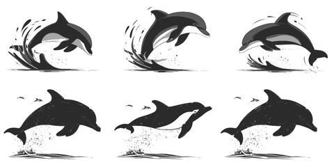 Six vector images of jumping dolphins