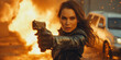 © www.freund-foto.de - Action Frau mit Waffe und Flammen beim Filmen am Set, ai generativ