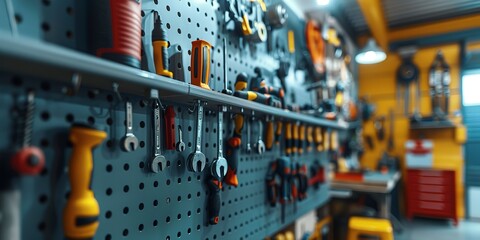 Sticker - Close-up of a pegboard with hanging tools, organized chaos, sharp focus