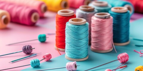 Poster - Close-up on a neatly organized sewing kit, threads and needles, pastel background 