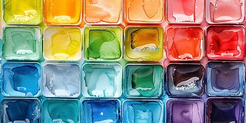 Poster - Close-up of watercolor pans, neatly arranged, rainbow order, natural light