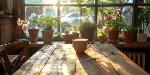 Sticker - Rustic Wooden Table by Sunlit Window in Cozy Cafe Awaiting Morning Coffee Rush