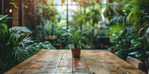 Sticker - Sleek Wooden Table Surrounded by Lush Green Plants in an Urban Cafe Setting Bringing Nature into the Workspace