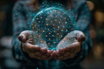Poster - Close-up of hands holding an illuminated globe with futuristic digital network connections, depicting the idea of a connected world