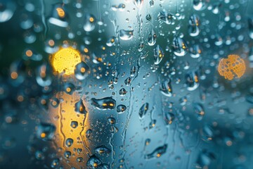 Poster - Water droplets clinging to a clear glass surface with a backdrop of soft golden bokeh suggesting a rainy twilight