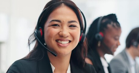 Poster - Smile, face or happy woman in call center for customer service, tech support or consulting advice. Help, portrait and friendly female consultant in telemarketing, CRM or telecom company with headset