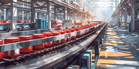 Poster - Automated Packaging Facility with Conveyor Belt Transporting Products for Worldwide Shipment