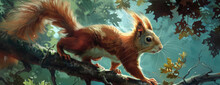 A Painting Of A Squirrel Perched On A Tree Branch, With Its Bushy Tail Curled Around Its Body
