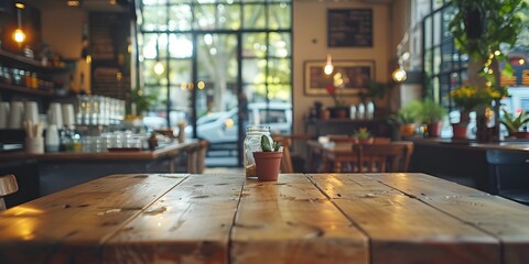 Poster - Elegant Wooden Table in a Scandinavian Inspired Cafe Embodiment of Minimalist Design and Functionality