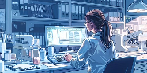 Poster - A diligent researcher compiles their data and findings in a well equipped laboratory ready to share their knowledge with the world