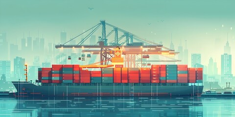 Poster - time lapse of a bustling container ship loading at a global logistics hub port with cityscape backdr