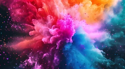 Explosion of Color Powder Dust, vibrant display of color powder exploding in a cloud of rainbow hues, captured in a moment of dynamic movement 