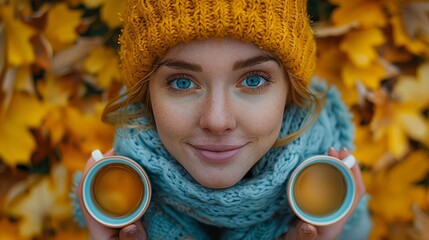 Wall Mural -   A woman holds two cups of coffee in front of her face She wears a yellow knitted hat and scarf