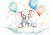 © Prime Lens - Watercolor of a baby elephant and balloons sitting on a cloud on white isolated background.